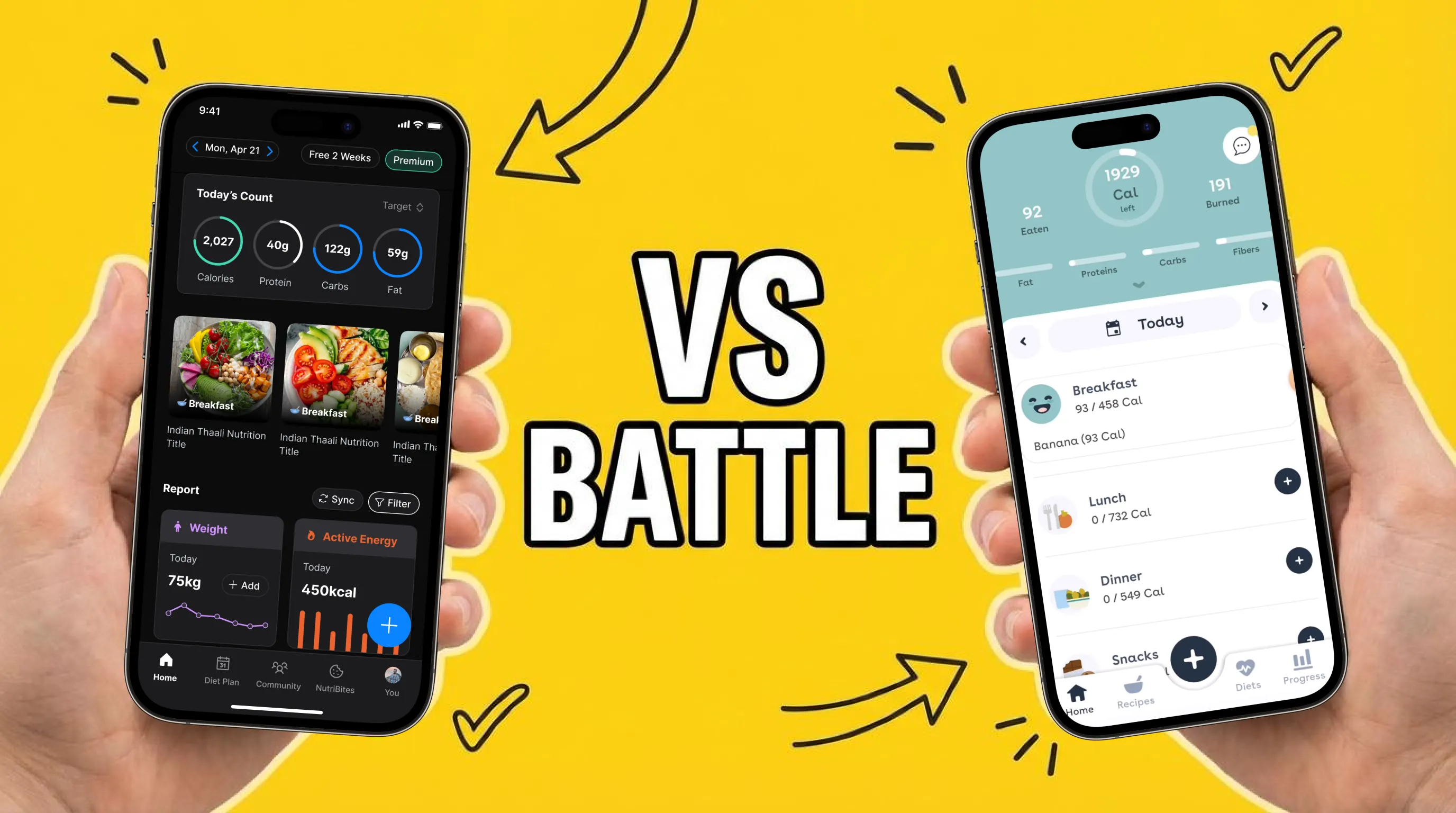 Side-by-side comparison of NutriScan and Foodvisor nutrition tracking apps on smartphones