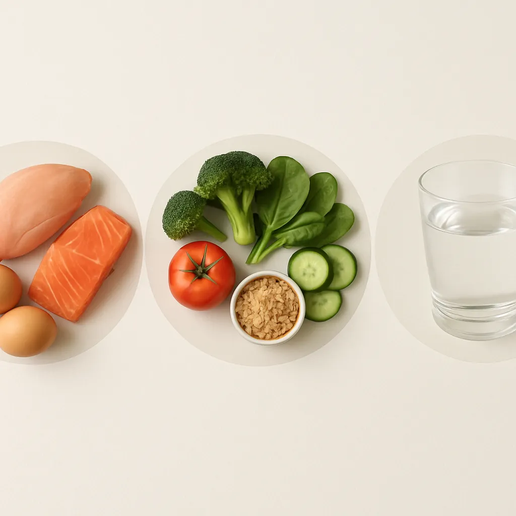 Healthy foods guide showing protein sources, vegetables, and hydration for Ozempic diet