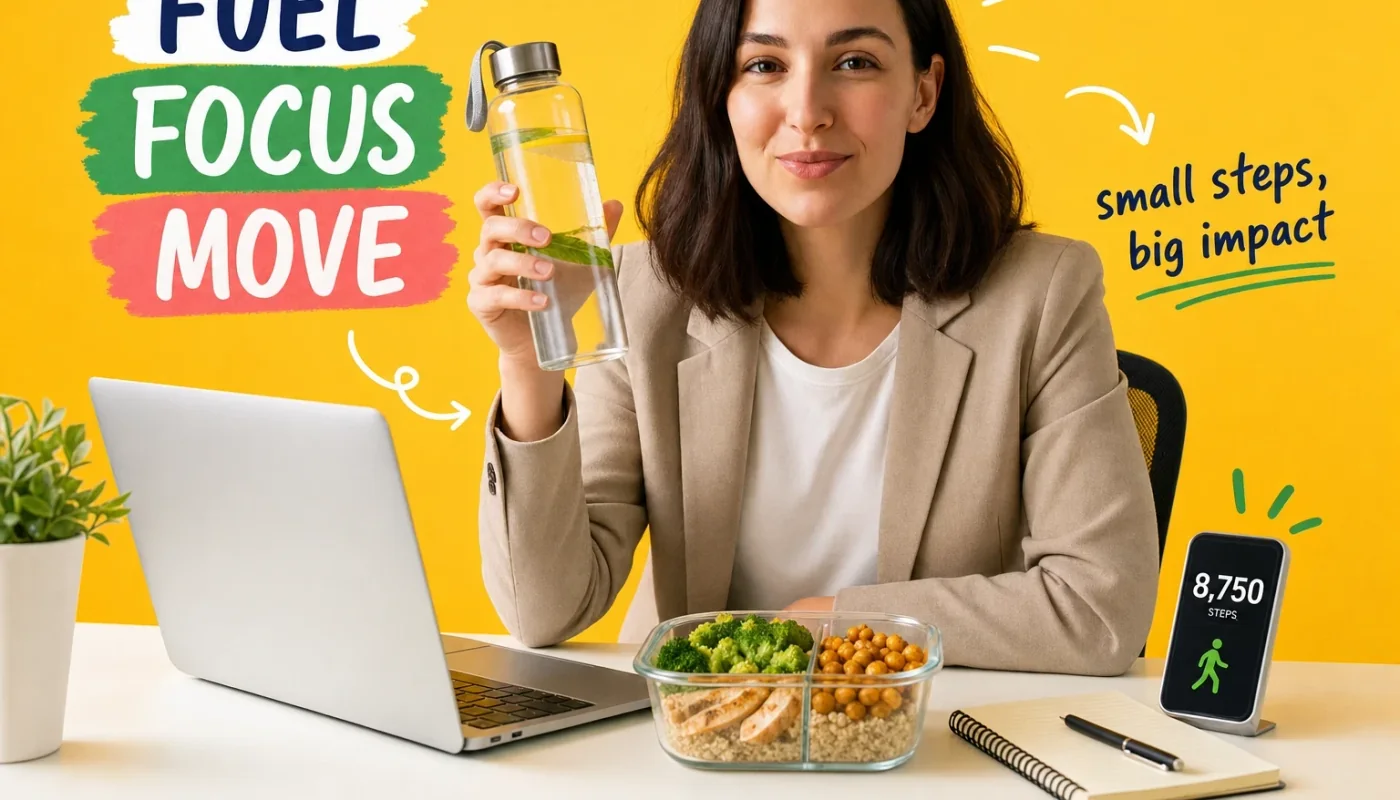 Woman at a modern desk with a healthy meal bowl and phone tracking calories, representing weight loss for sedentary desk job workers