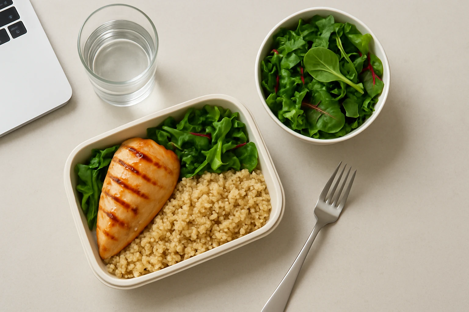 Healthy office lunch meal prep bowl with grilled chicken, quinoa and fresh vegetables on a desk surface