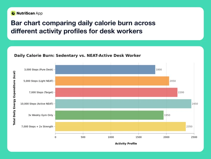 Bar chart comparing daily calorie burn across different activity profiles for desk workers