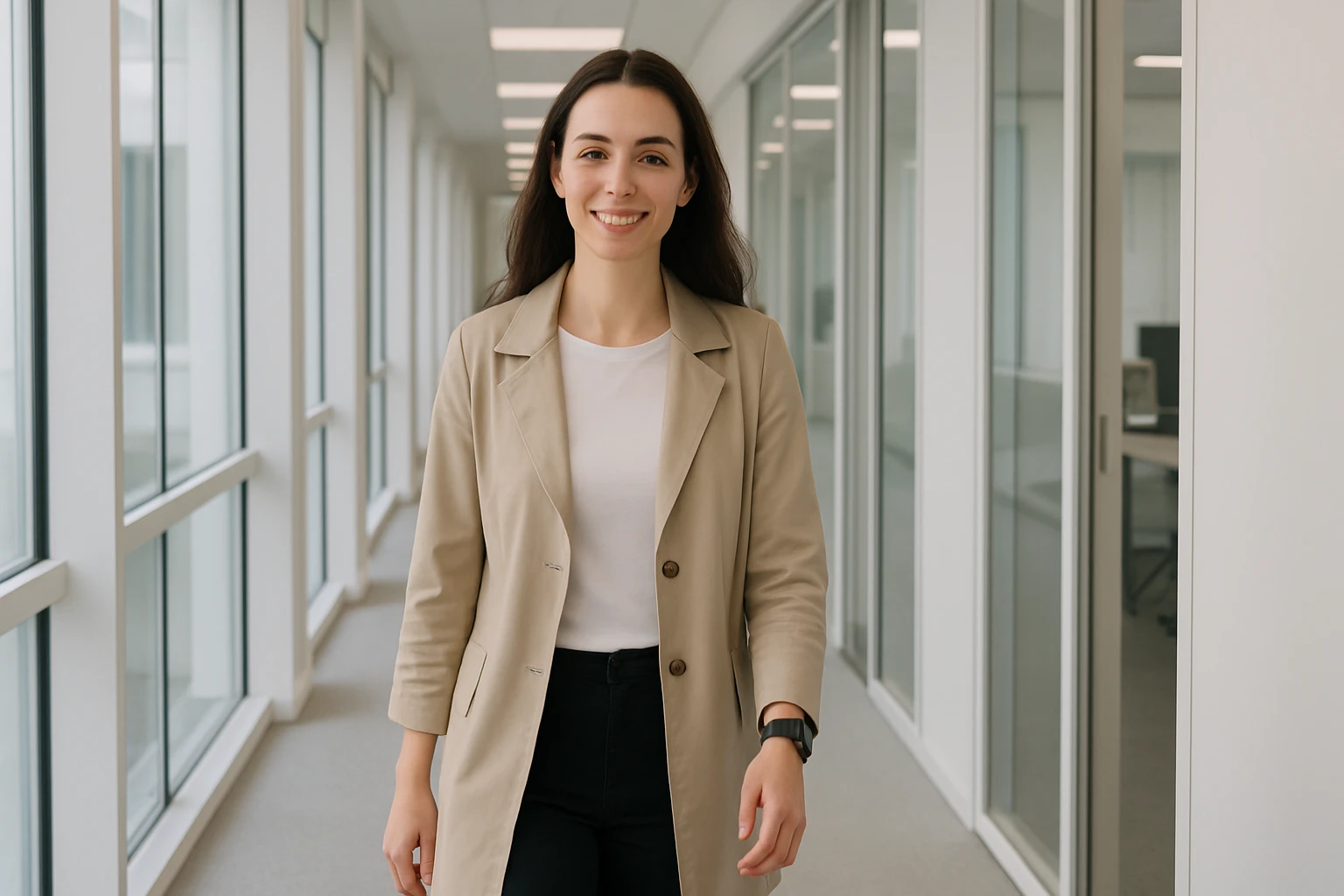 Person taking a short walking break in a bright office hallway, showing how movement breaks fit into a desk worker routine