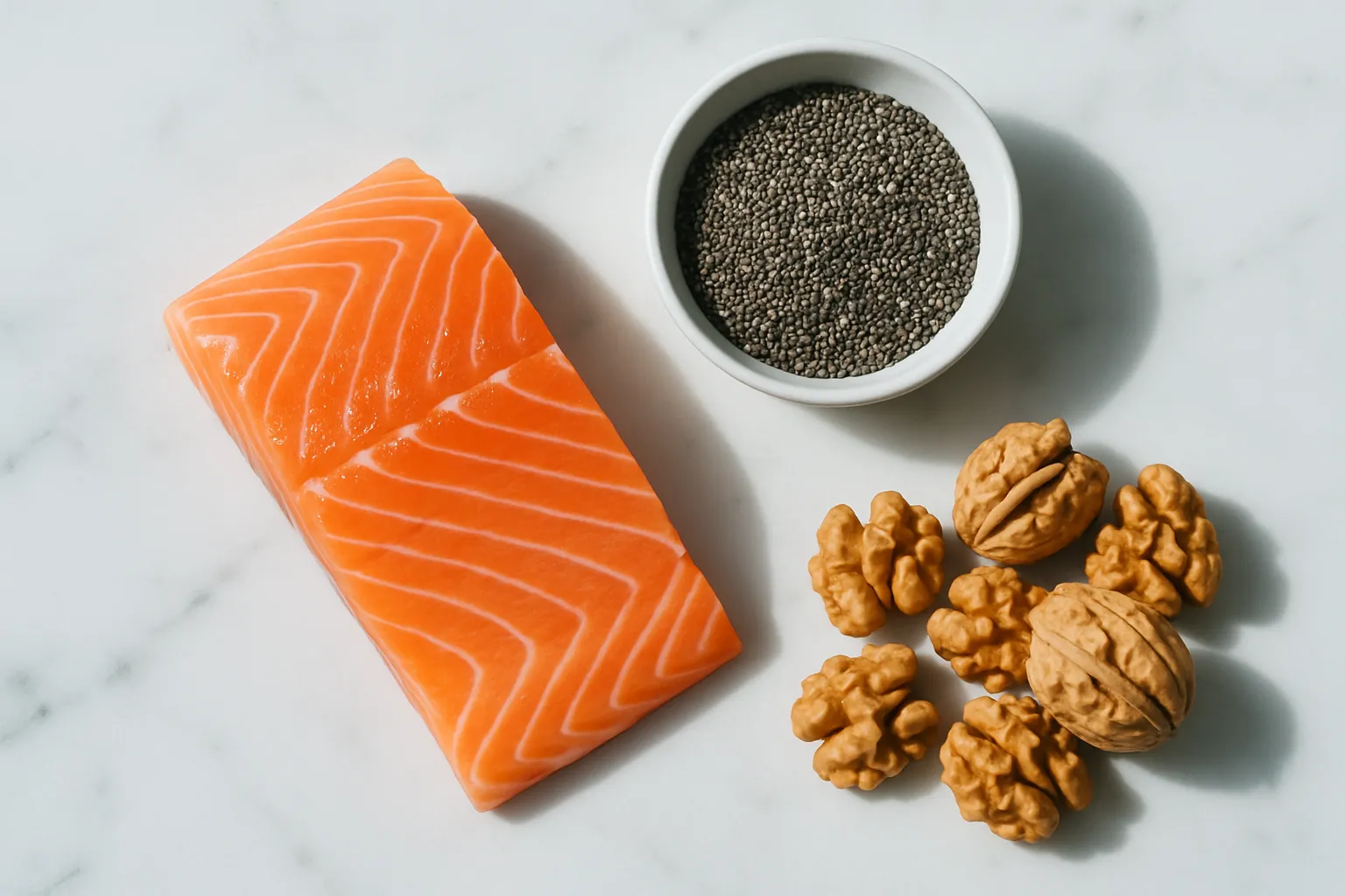 Omega-3 rich foods on marble surface
