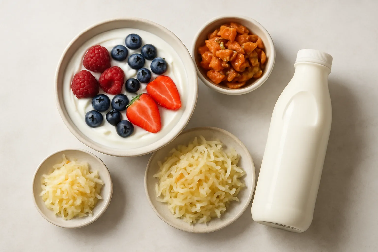 Fermented foods arrangement with yogurt and kimchi