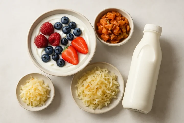 Fermented foods arrangement with yogurt and kimchi