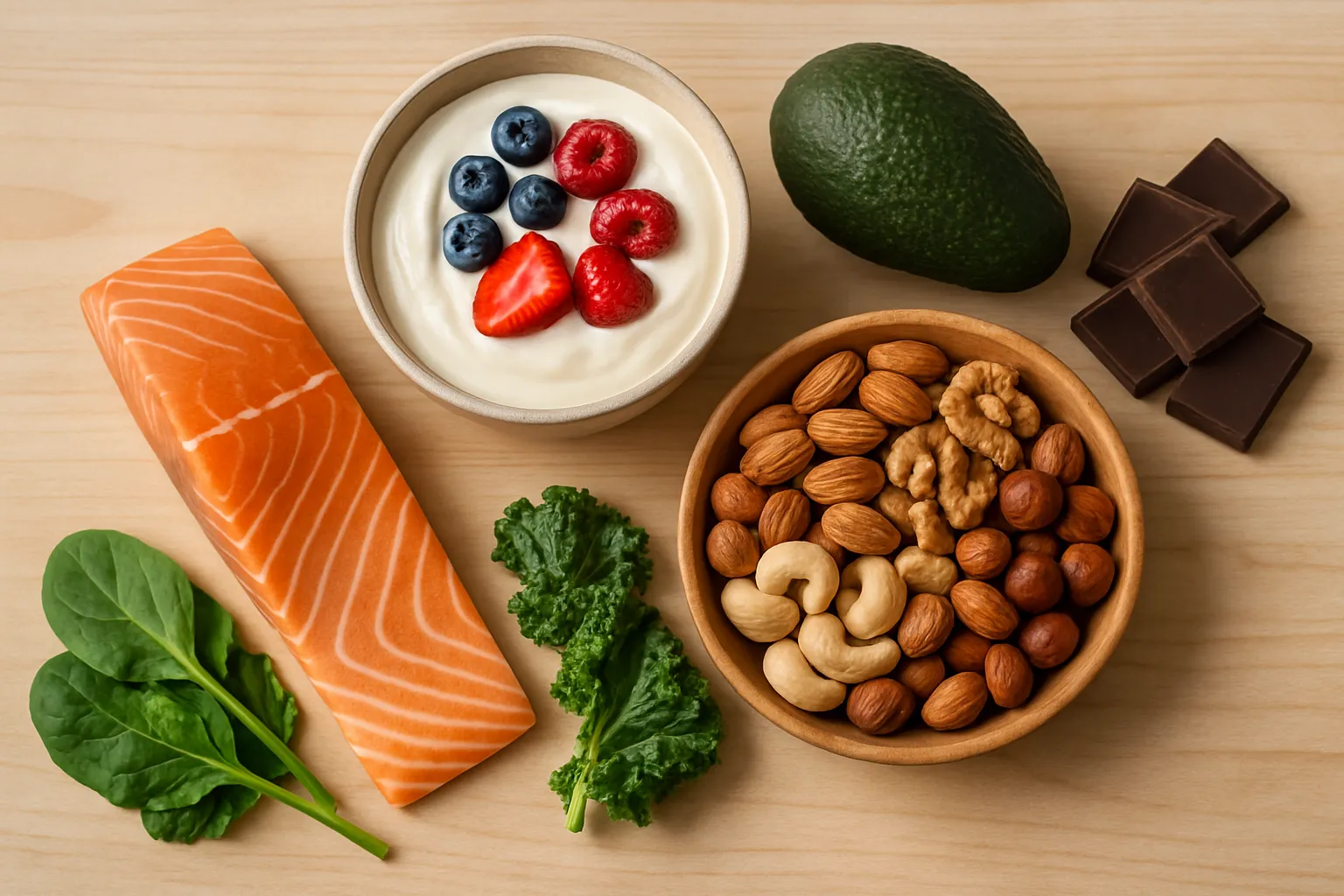 Peaceful overhead view of anxiety-fighting foods arranged on wooden table