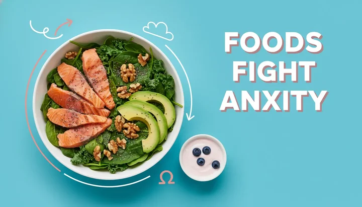 Peaceful overhead view of anxiety-fighting foods arranged on wooden table