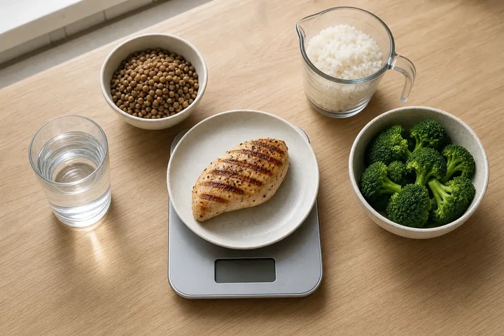 Kitchen counter with a grilled chicken breast on a digital scale, a bowl of lentils, a measuring jug of rice and a bowl of broccoli