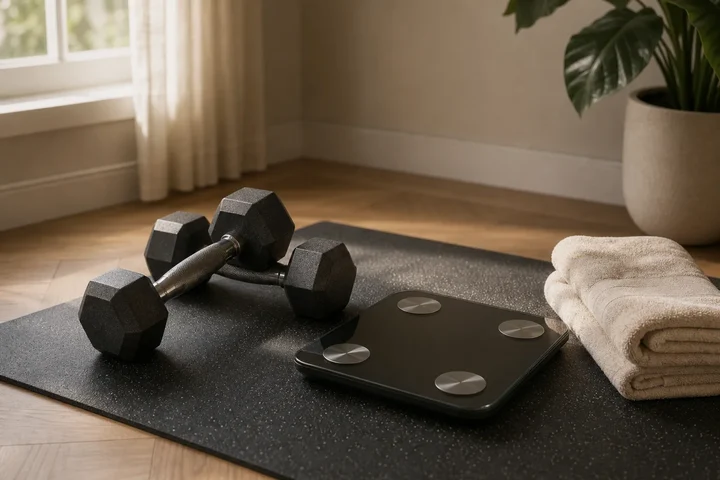 Two dumbbells and a bathroom scale on a rubber mat in a bright home corner
