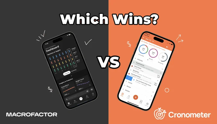 MacroFactor and Cronometer apps compared side by side on smartphones with fresh whole foods