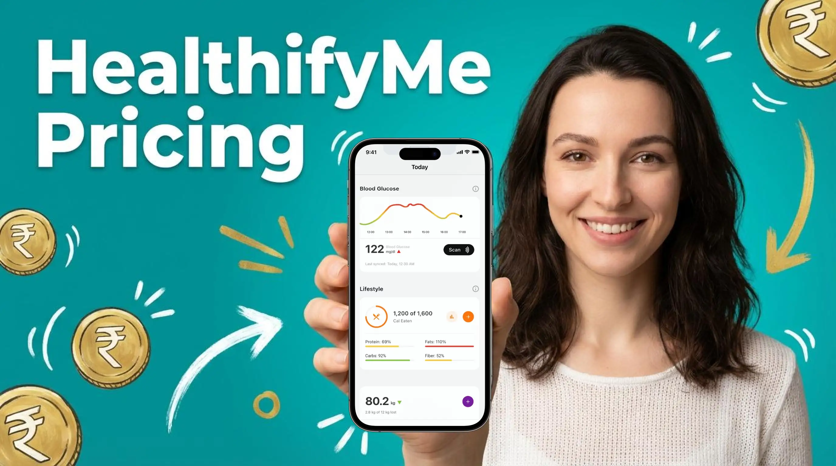 Person comparing health app pricing on smartphone with Indian rupee notes on desk