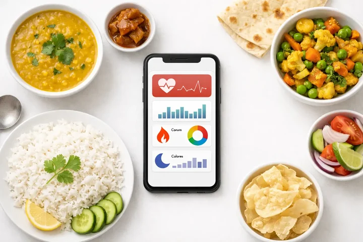 Smart Plan flat lay with smartphone and Indian food tracking