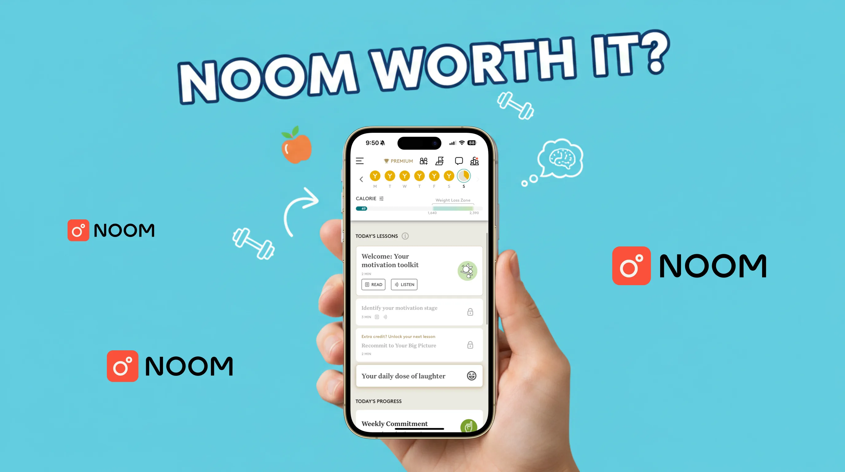 Person using Noom weight loss app on smartphone with healthy food in the background, representing psychology-based weight management