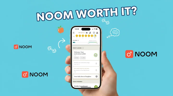 Person nutzt die Noom-App zum Abnehmen auf dem Smartphone, im Hintergrund gesunde Lebensmittel, als Sinnbild für psychologisch gestütztes Gewichtsmanagement