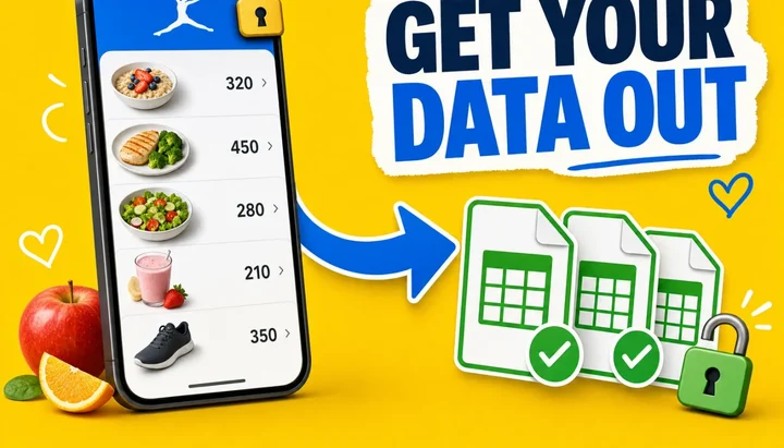 A phone showing a food diary next to three CSV files, with an open padlock showing the data leaving MyFitnessPal