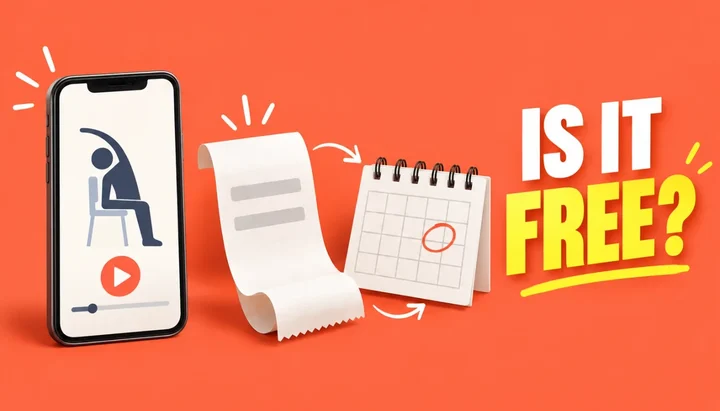 Is it free headline beside a phone showing a gentle home workout video, a receipt with two blank line items and a calendar grid with one day circled, illustrating Lasta pricing and renewals
