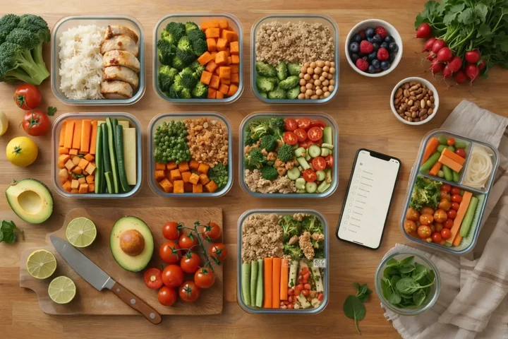 किचन में pantry की शेल्फ के सामने फोन पर grocery list देखता व्यक्ति, meal planning का तरीका दिखाते हुए