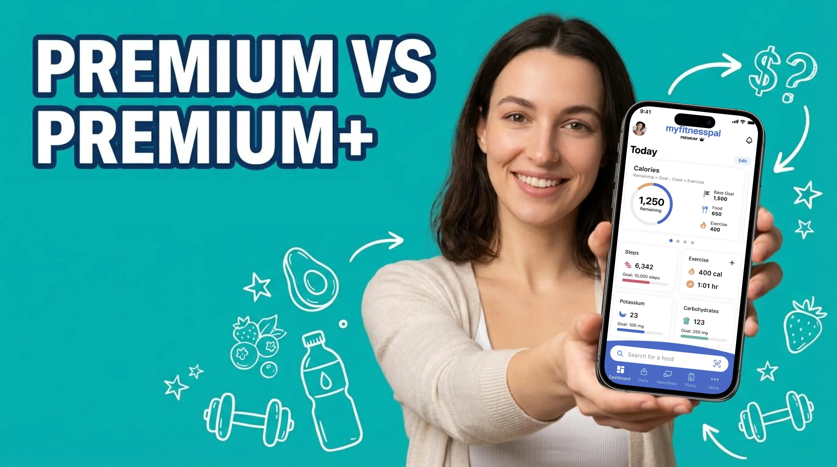 Side-by-side comparison of nutrition app subscription tiers on a smartphone screen with healthy meal in the background