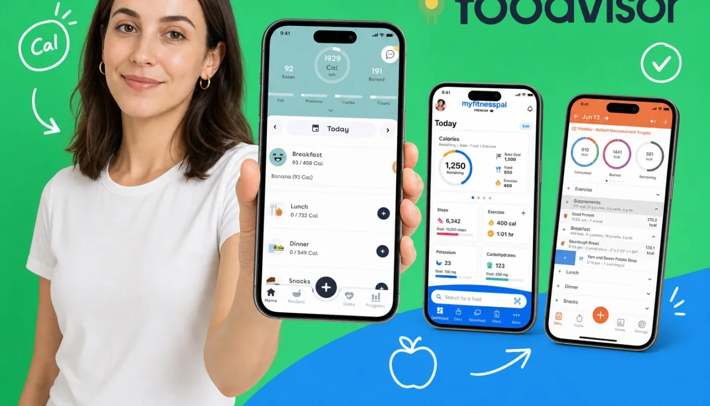 Two smartphones side by side showing calorie tracking apps with macro charts and food scan icons, representing the Foodvisor vs MyFitnessPal 2026 comparison