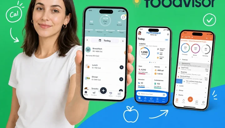 Two smartphones side by side showing calorie tracking apps with macro charts and food scan icons, representing the Foodvisor vs MyFitnessPal 2026 comparison