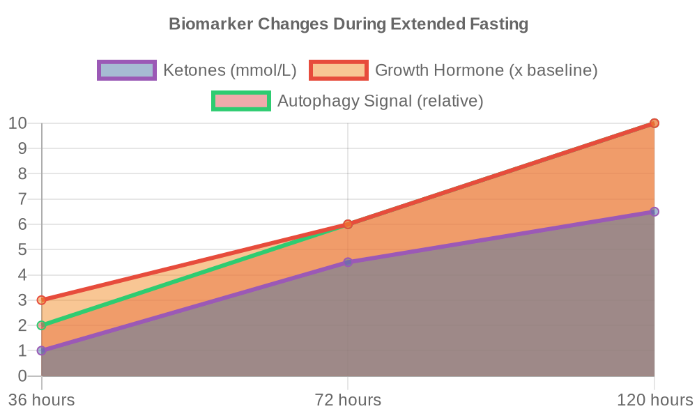 Biomarker changes during extended fasting showing progression of ketones, growth hormone, and autophagy