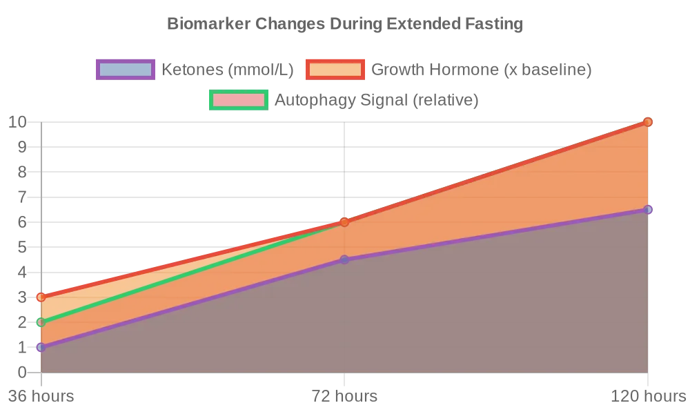 Biomarker changes during extended fasting showing progression of ketones, growth hormone, and autophagy