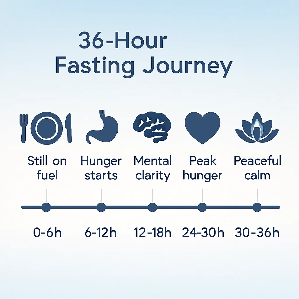 36-Hour Fasting Timeline showing the progression from initial fuel to peaceful calm