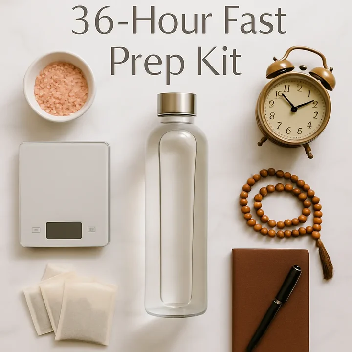 Fasting preparation essentials laid out including water bottle, salt, scale, and journal