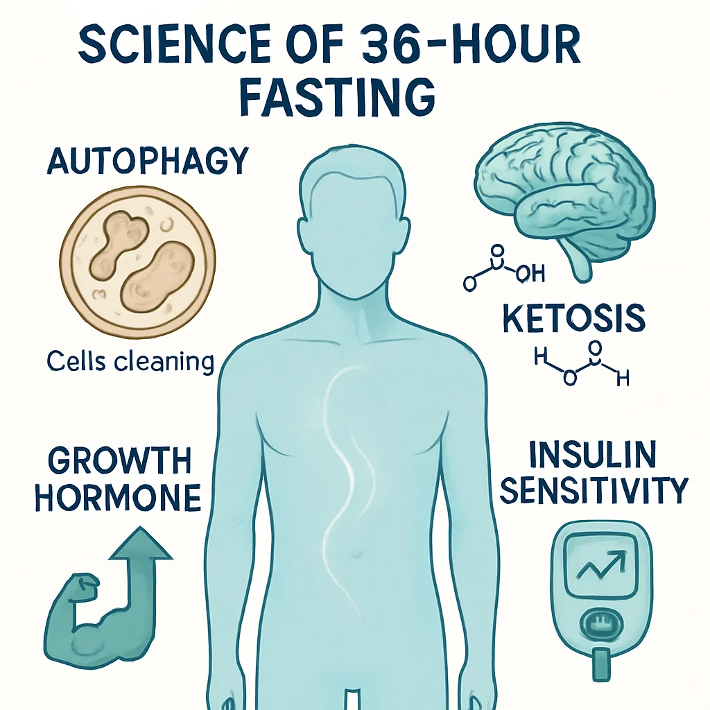 Science of 36-Hour Fasting showing autophagy, ketosis, growth hormone and insulin benefits