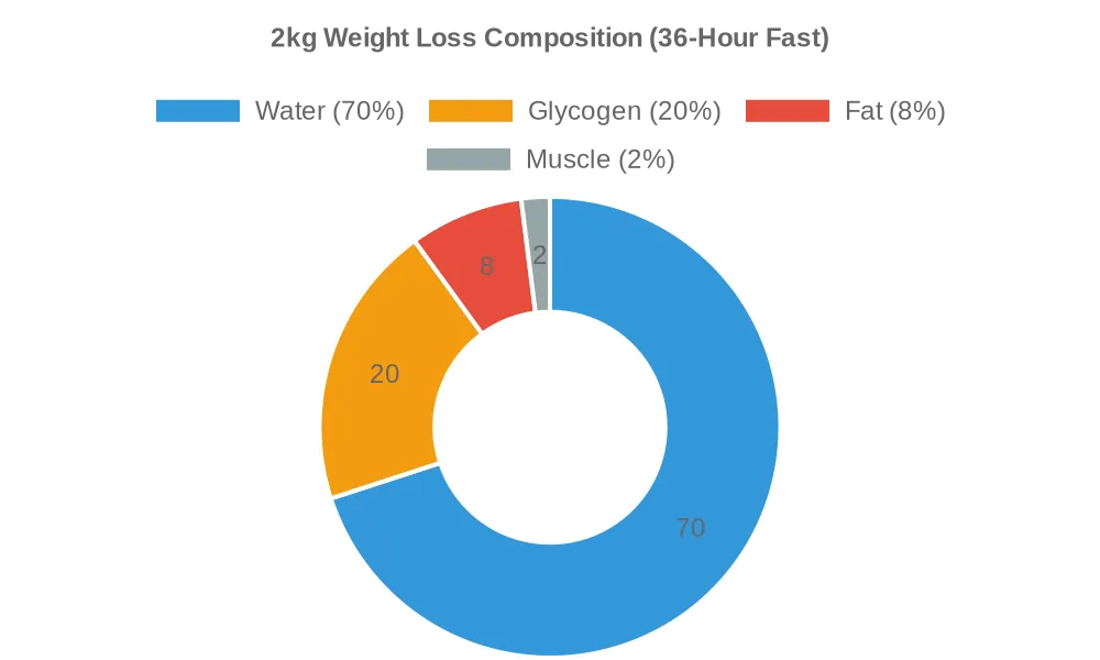 Weight loss composition breakdown showing 70% water, 20% glycogen, 8% fat, 2% muscle