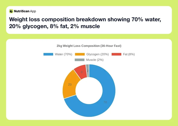 Weight loss composition breakdown showing 70% water, 20% glycogen, 8% fat, 2% muscle