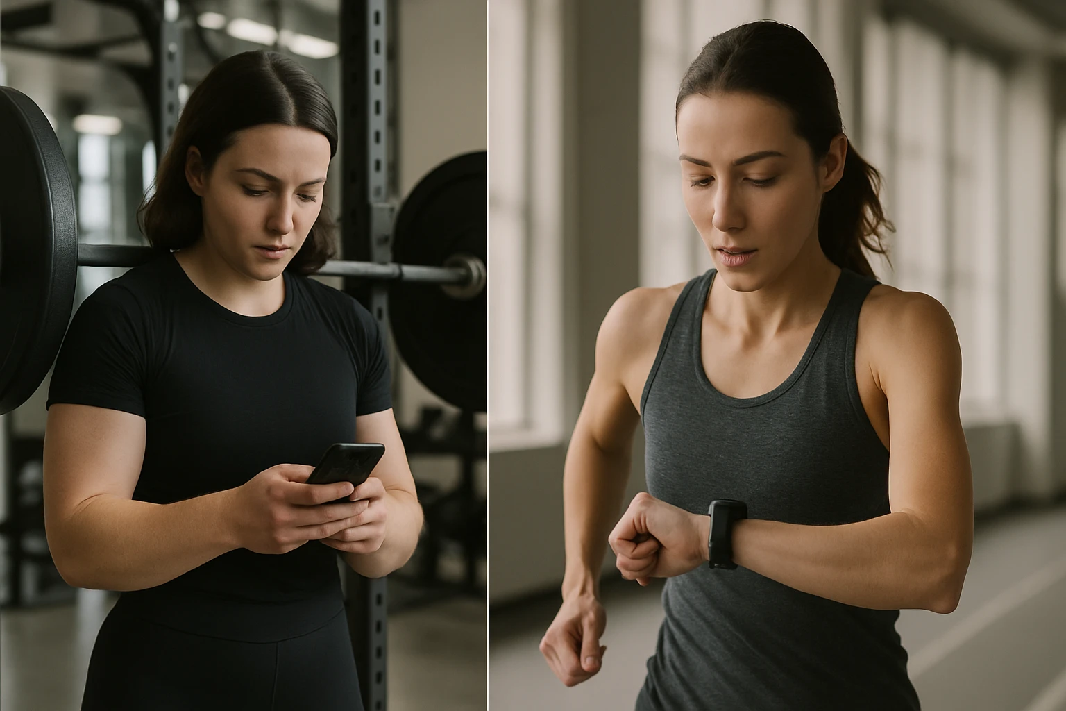 Two athletes side by side - a powerlifter and endurance runner each reviewing nutrition data on their phones