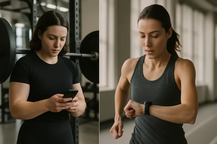 Two athletes side by side - a powerlifter and endurance runner each reviewing nutrition data on their phones