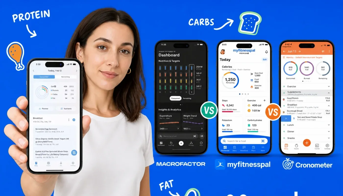 Three smartphones on a white marble desk showing macro tracking apps next to athletic gear