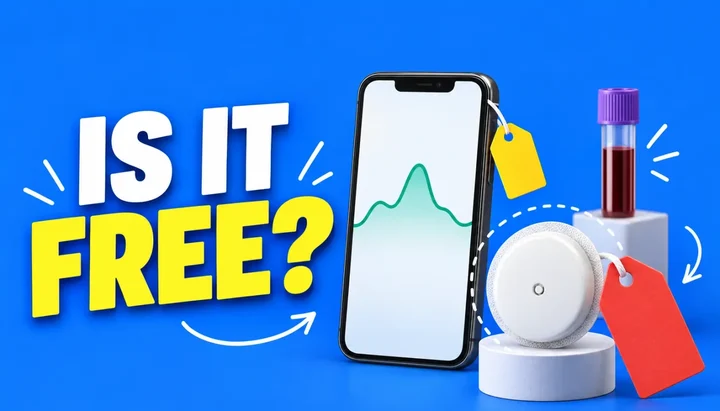 Is it free headline next to a phone showing a glucose curve with a small blank price tag, a round glucose sensor with a larger blank price tag and a blood sample tube, illustrating Levels membership, Stelo sensor and lab panel prices