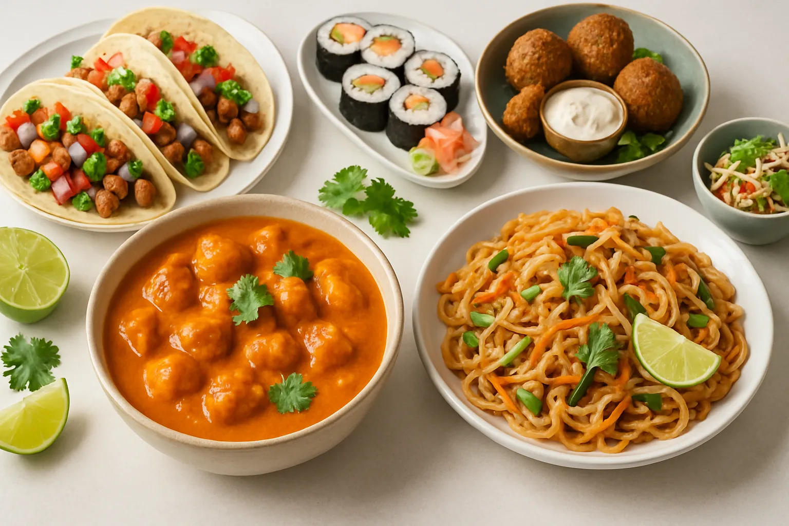 Diverse international foods: curry, tacos, sushi, falafel, noodles arranged artistically