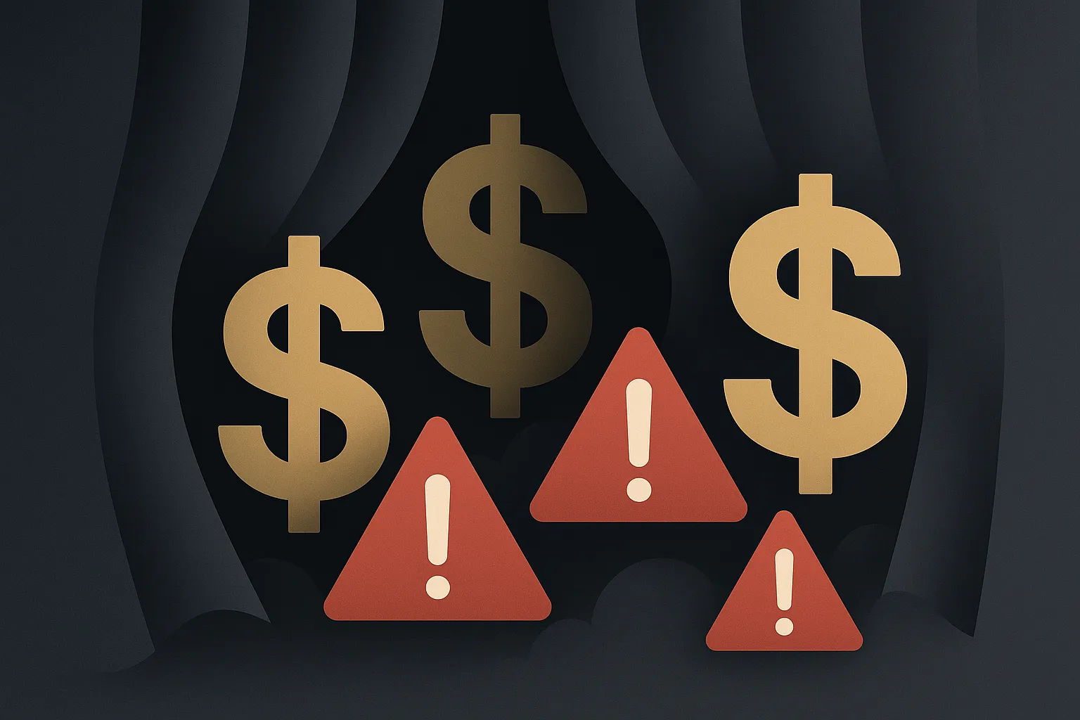 Technical illustration of hidden pricing trap with dollar signs emerging from fog and warning symbols