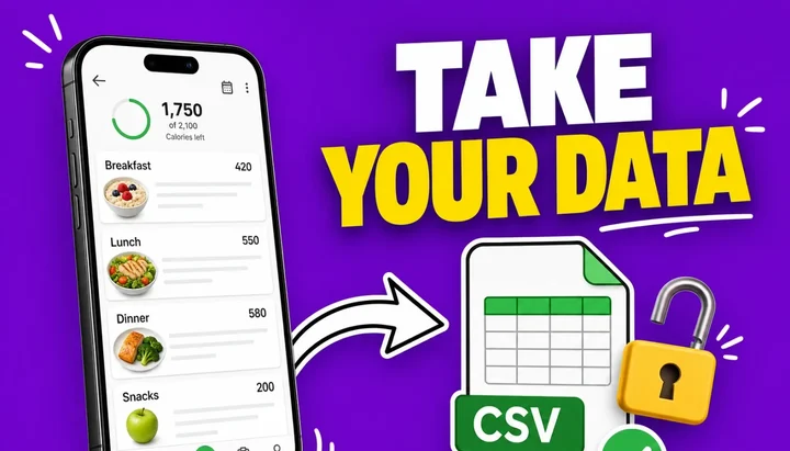 Phone showing a food diary next to a laptop spreadsheet, with data moving from the app into a CSV file
