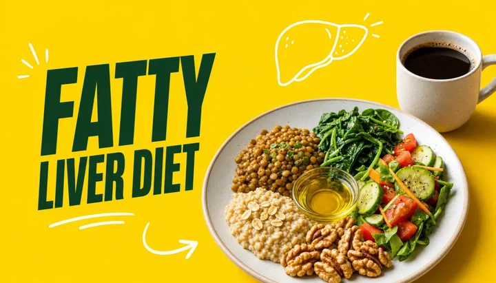 Plate of lentils, oats, walnuts, spinach and salad with olive oil next to a mug of black coffee and a line drawing of a liver
