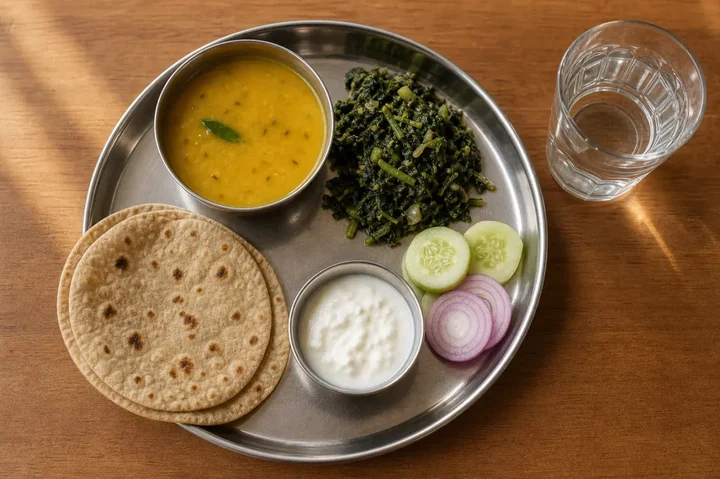 Steel thali with yellow dal, palak sabzi, two whole wheat rotis, plain curd, cucumber and onion salad, and a glass of water