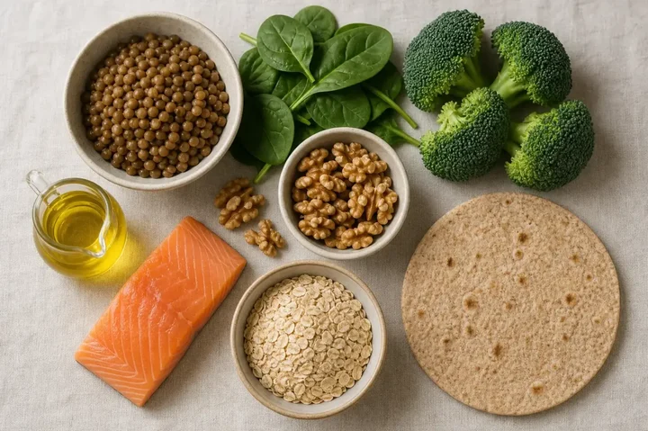 Bowls of brown lentils, rolled oats and walnuts with spinach, broccoli, olive oil, a salmon fillet and a whole wheat flatbread on a linen cloth