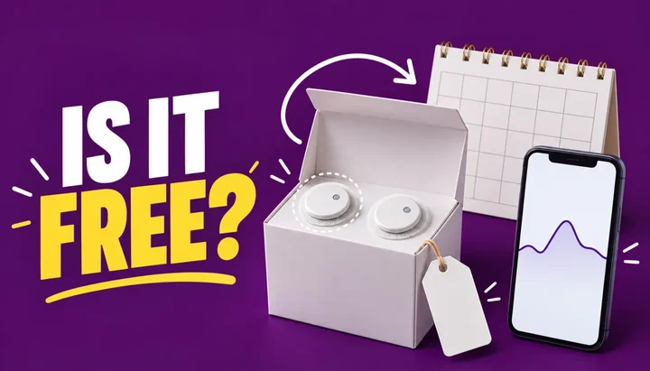 Is it free headline next to an open white box holding two round glucose sensors, a blank price tag, a blank calendar and a phone showing a glucose curve, illustrating Dexcom Stelo one-time and subscription prices