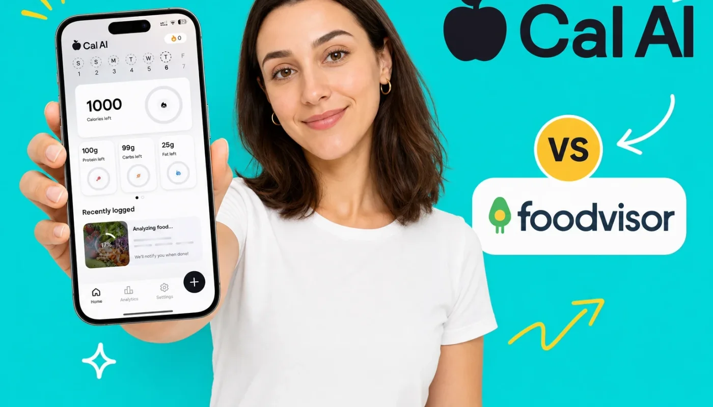 Two smartphones side by side showing food tracking apps, Cal AI and Foodvisor comparison for 2026