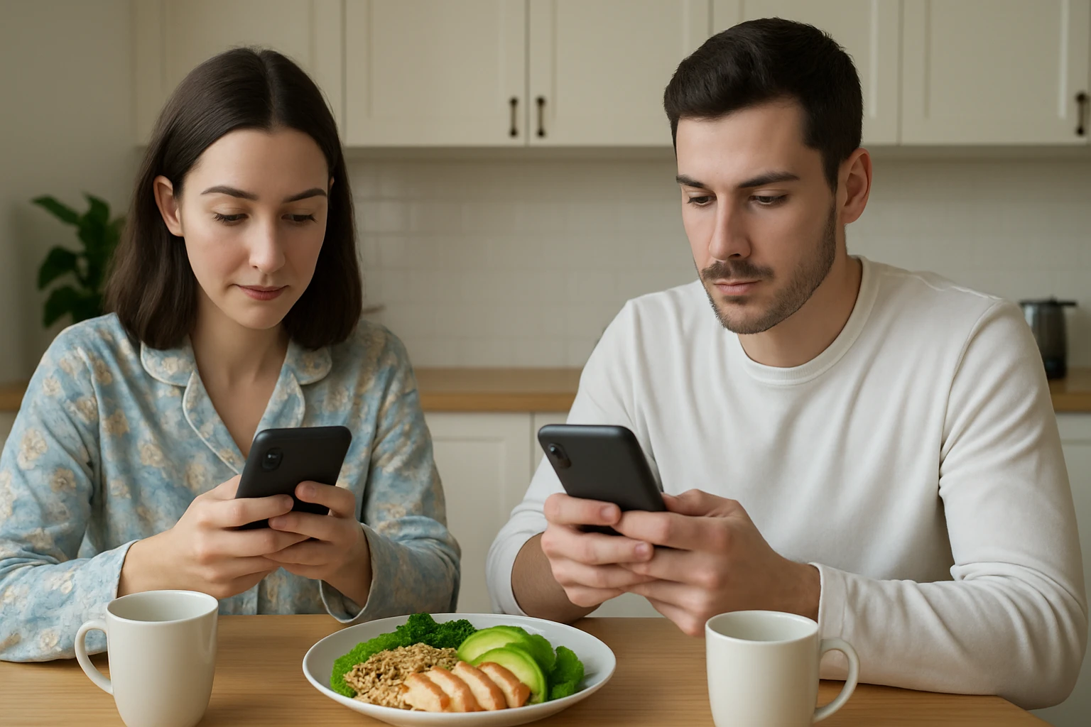 Two people comparing nutrition tracking apps on their phones over a healthy meal, deciding which food tracking app to use