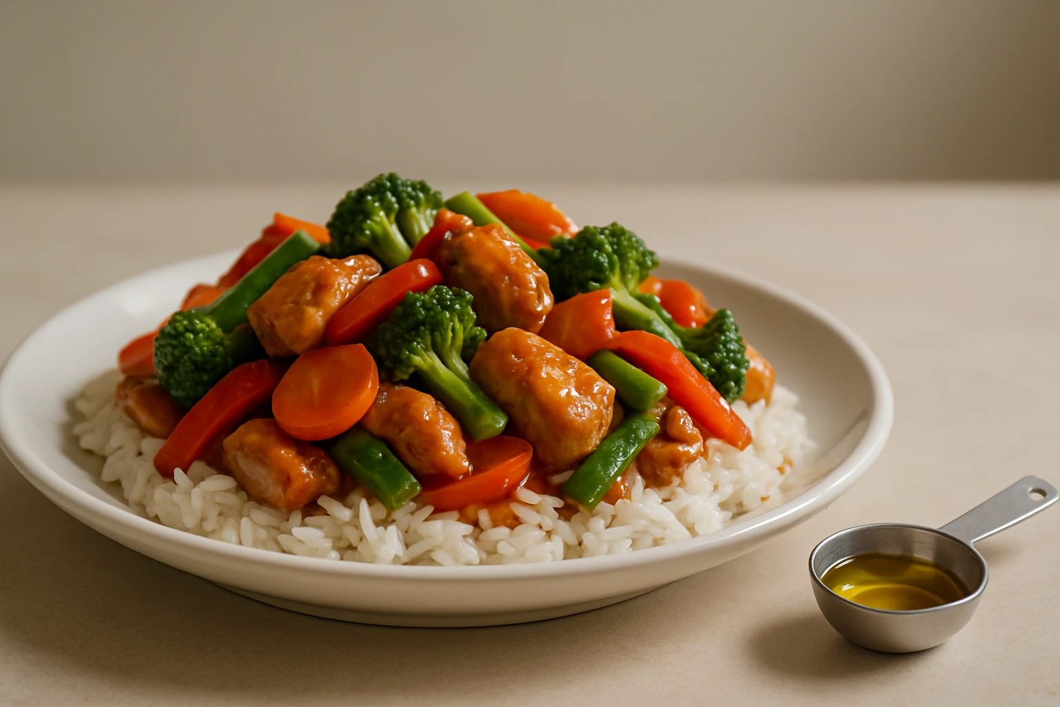 Cooked stir fry with visible cooking oil next to a measuring spoon of oil, showing hidden calories in mixed meals