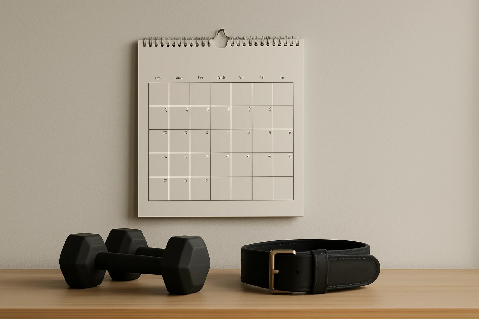 Wall calendar beside dumbbells and a lifting belt, representing the phases of a bodybuilding season