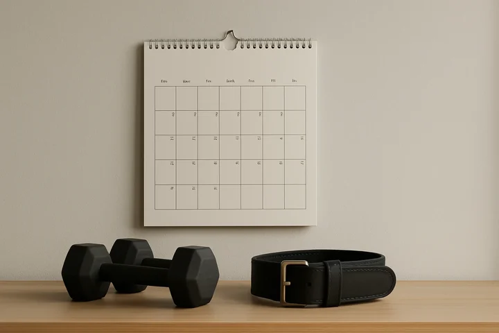 Wall calendar beside dumbbells and a lifting belt, representing the phases of a bodybuilding season