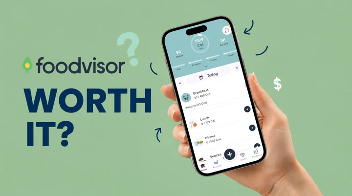 Foodvisor 2026 review showing AI photo scanner, dietitian access, pricing, and Premium plan compared to free version