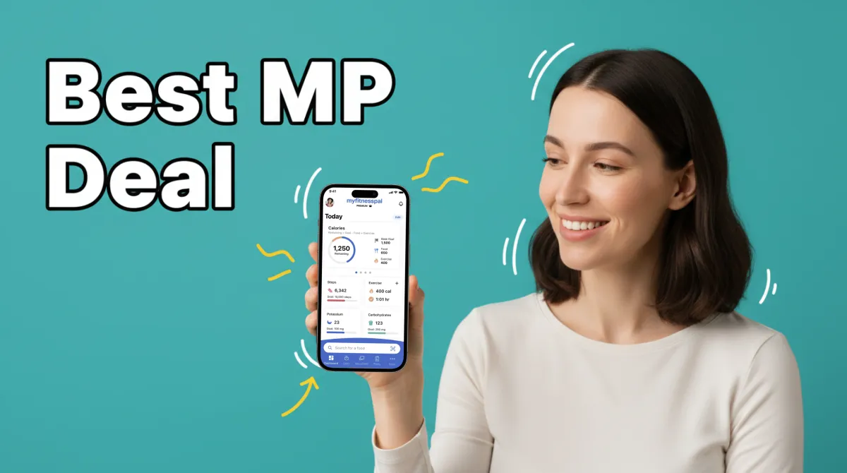 Smartphone showing a fitness app subscription page with a discount badge on a clean white desk