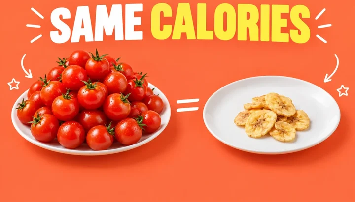 Same calories headline above a plate heaped with cherry tomatoes and a second plate holding a small handful of banana chips, with an equals sign between them